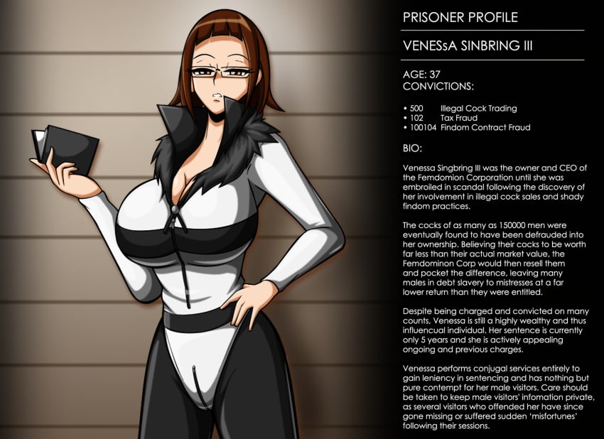 1girls 2d 5_fingers big_breasts book brown_hair english_text female femdom femdom_caption findom glasses large_breasts neocorona pale-skinned_female pale_skin prison_uniform prisoner solo solo_female tagme text