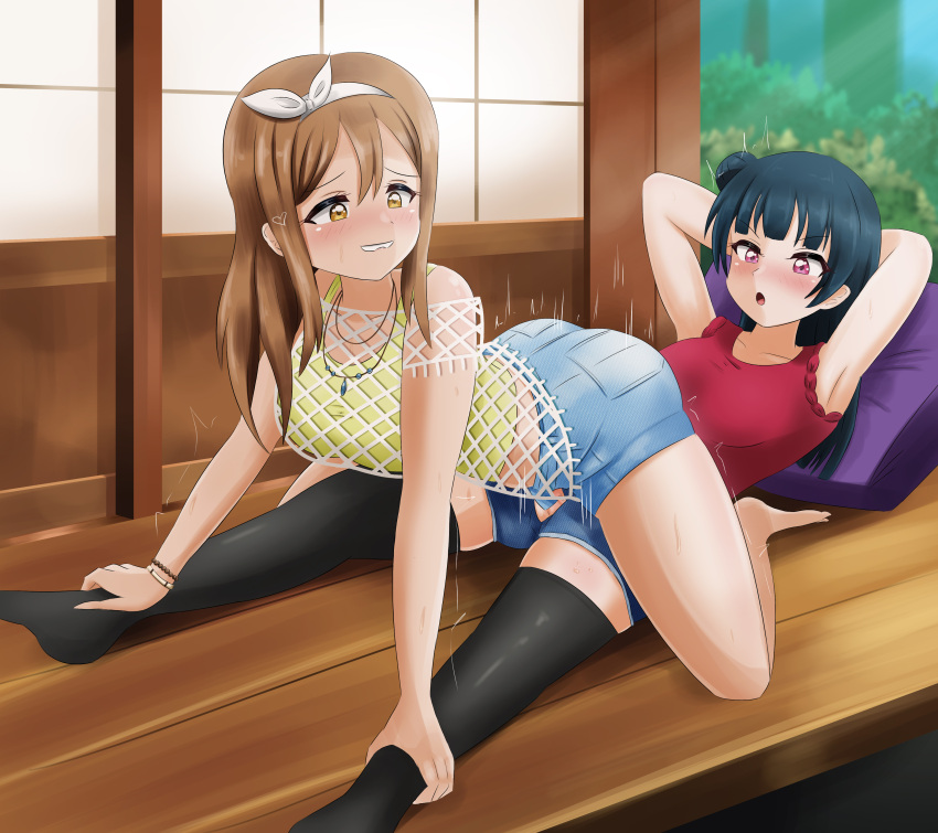 blush clothed_sex danzfloor female futa_on_female futanari kunikida_hanamaru light-skinned_female light-skinned_futanari light_skin love_live! love_live!_sunshine!! net_clothes outdoor_sex reverse_cowgirl_position tsushima_yoshiko