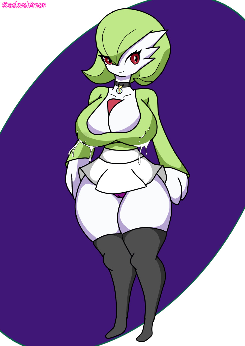 big_breasts breasts female female_gardevoir gardevoir green_blouse green_hair lactating lactation milk only_female pokemon pokemon_(species) pokemon_rse red_eyes sekushimon skirt socks thighs