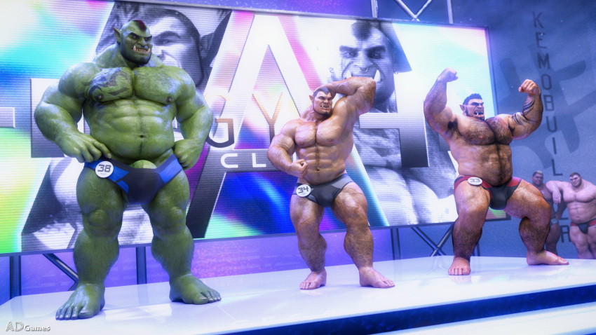 3d_(artwork) ad-games boruk_(ad-games) clothed clothed/nude clothing digital_media_(artwork) green_body green_skin grurg_(ad-games) hi_res humanoid kanor_(ad-games) light-skinned_male light_skin male muscular muscular_humanoid muscular_male nipples nude orc orc_male