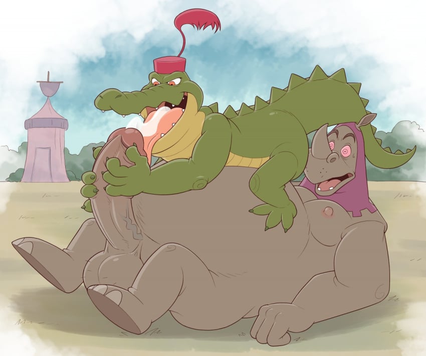 anthro anti_dev balls big_penis boner captain_crocodile crocodile disney erection furry licking_penis male male_only nude overweight penis rhino_guard rhinoceros robin_hood_(disney)