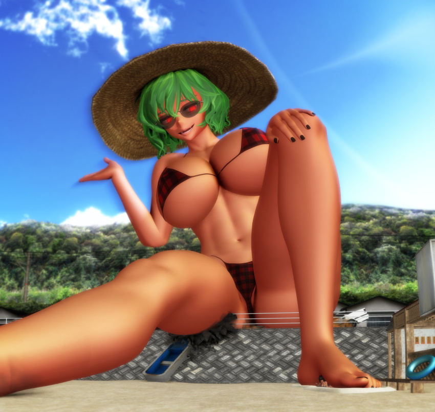 2girls 3d beach bikini catadioptrictra female female_only giantess giantess_growth green_hair growing growth mikumikudance mmd red_eyes shameimaru_aya smiling sunglasses sunhat tinted_eyewear touhou yuka_kazami yuuka_kazami