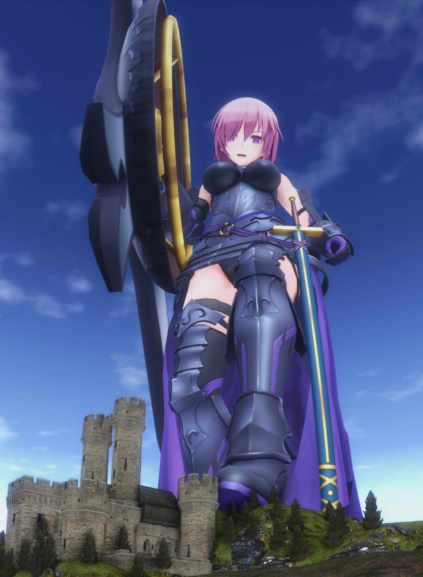 1girls 3d castle crush fate/grand_order fate_(series) forest giantess koimmd looking_down mash_kyrielight mmd pink_hair shielder_(fate/grand_order) sky