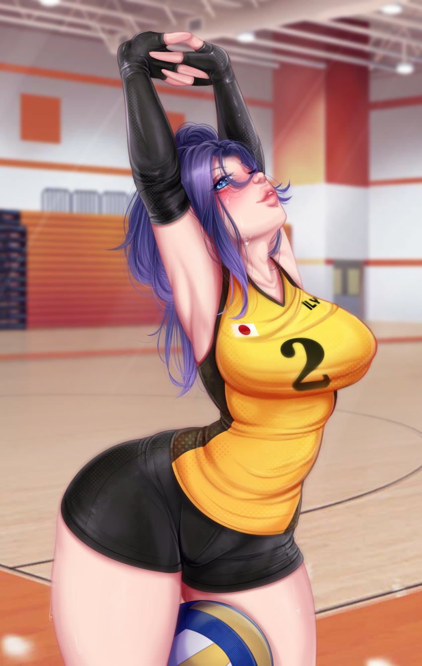 1girls absurd_res armwear blue_eyes blush commission detailed_background female female_only liokko_mao long_hair looking_at_viewer purple_hair solo sportswear stretching thick_thighs volleyball_(ball) volleyball_uniform