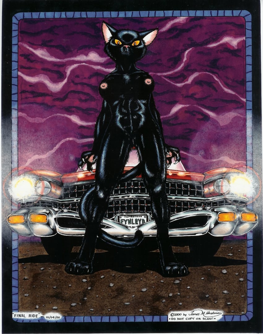 2000 anthro black_cat black_fur breasts cadillac car cat christine claws color crossover exposed_breasts feline female female_only front_view fur furry furry_breasts james_m_hardiman looking_at_viewer nude pussy solo standing stephen_king vulva