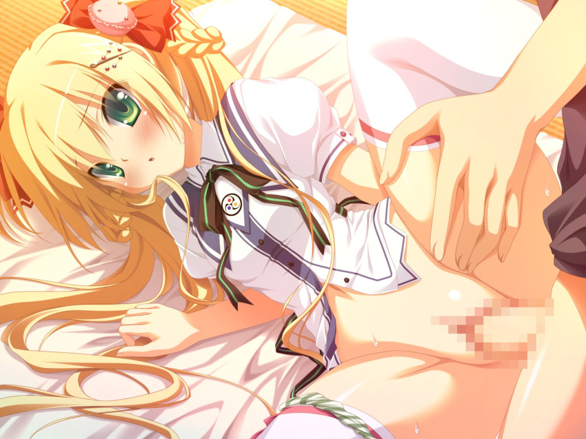 blonde_hair blush censored game_cg green_eyes highres oni_gokko! panties sex sumiyoshi_kureha thighhighs tied_hair twintails underwear vaginal_penetration