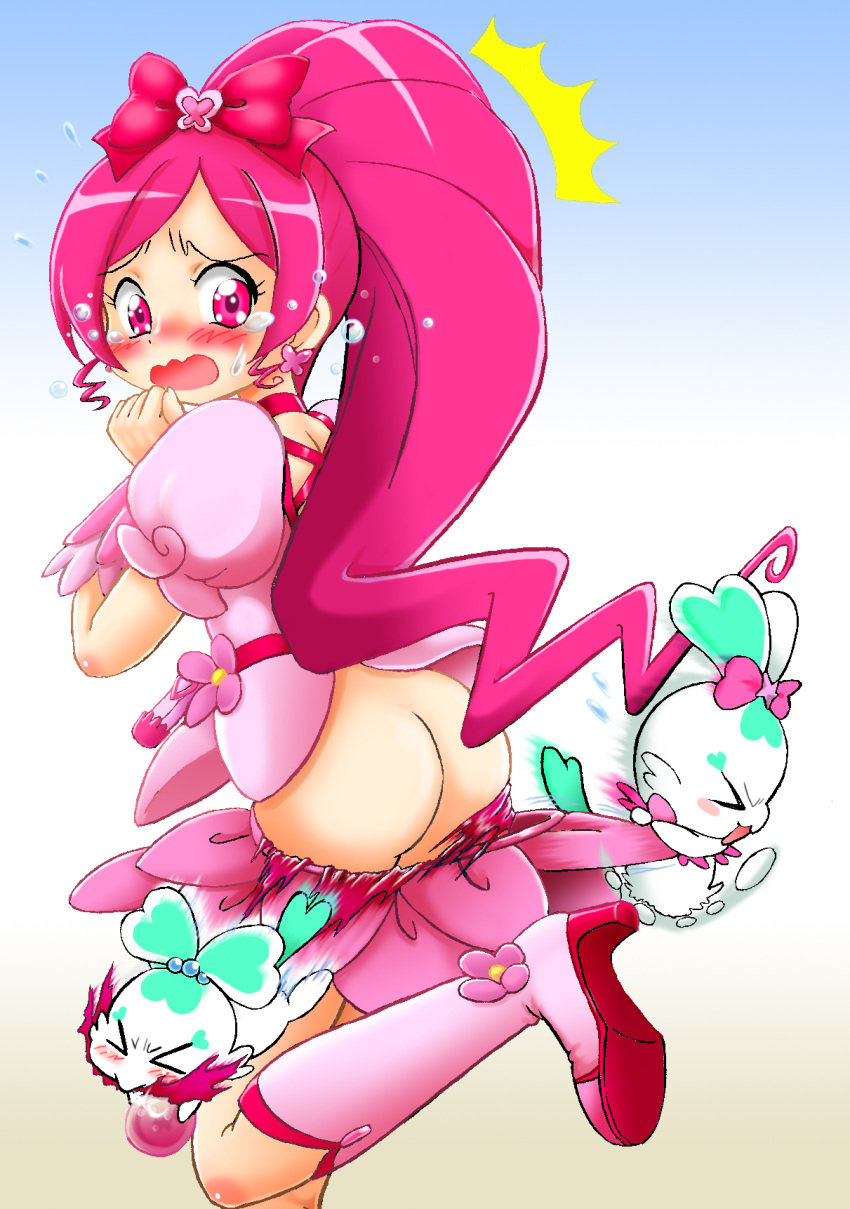 >_< ass blush bow clothing cure_blossom highres hoshikawa_tsukimi magical_girl no_panties precure pretty_cure tear torn_clothes tsubomi_hanasaki