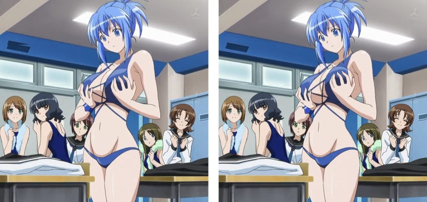 6girls blue_eyes blue_hair breasts brown_eyes brown_hair grabbing_own_breast green_eyes green_hair groping_breasts kampfer locker_room long_hair looking_at_another looking_back medium_hair rule_63 senou_natsuru short_hair staring swimsuit tagme