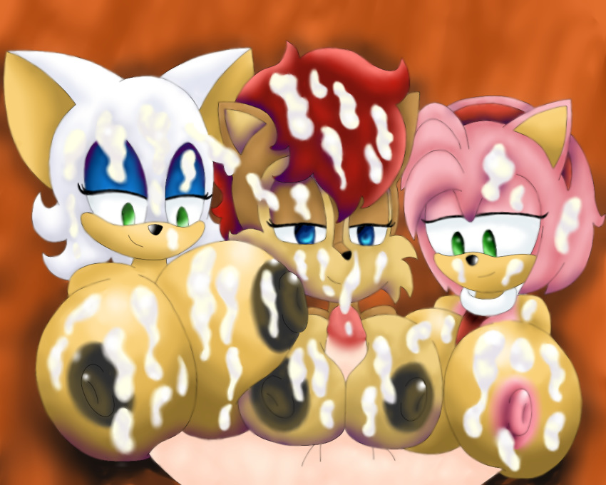 amy_rose anthro blue_eyes breasts cum cum_on_breasts female fur green_eyes hair hedgehog huge_breasts huge_nipples kingshadow male mammal paizuri pink_hair red_hair rouge_the_bat sally_acorn sonic_(series) straight white_hair