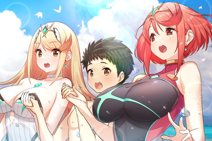 1boy 2girls absurdres bird black_hair black_one-piece_swimsuit blonde_hair blue_sky breasts cleavage cloud competition_swimsuit core_crystal day earrings green322 headpiece highres holding_hands jewelry large_breasts long_hair multiple_girls mythra mythra_(radiant_beach)_(xenoblade) one-piece_swimsuit open_mouth pyra pyra_(pro_swimmer)_(xenoblade) red_eyes red_hair rex_(cloud_sea_shark)_(xenoblade) rex_(xenoblade) short_hair sky sunlight swimsuit teeth upper_teeth_only white_one-piece_swimsuit xenoblade_(series) xenoblade_chronicles_2 yellow_eyes