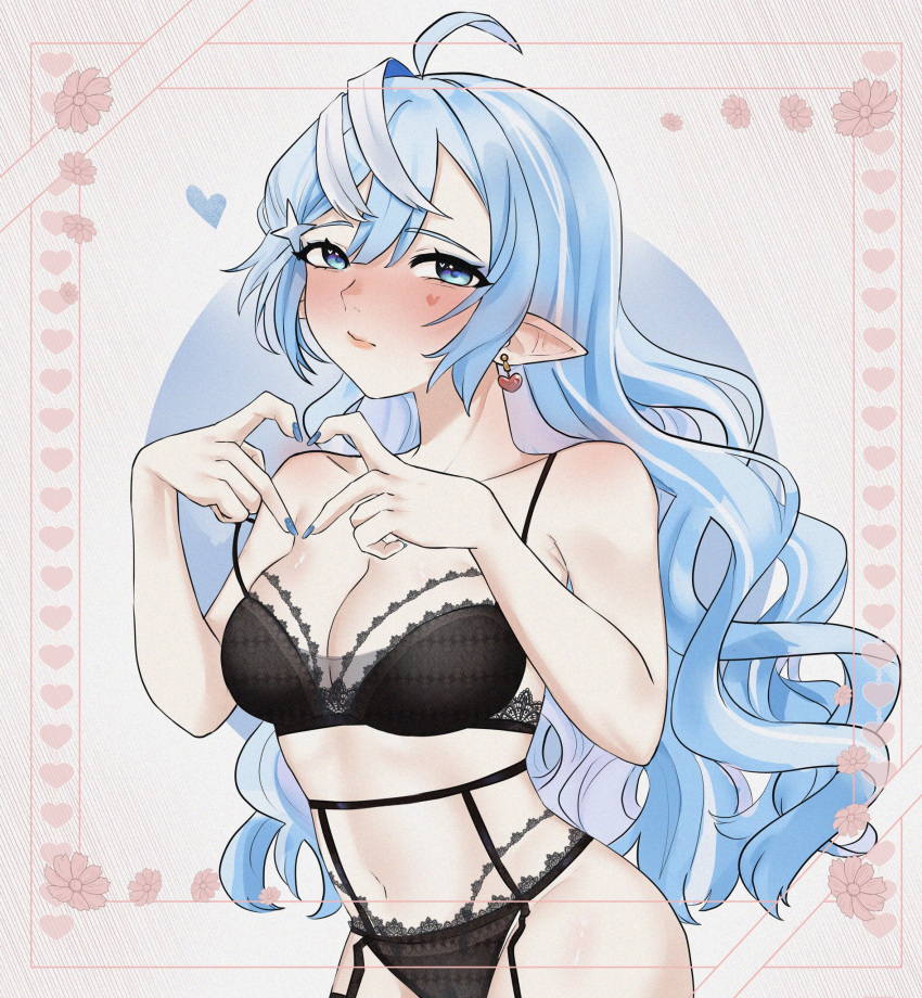 1girls belly_button black_bra black_panties blue_eyes blue_hair blush bra female female_only heart heart_hands light-skinned_female light_skin lingerie looking_at_viewer mumind nose_blush panties pixela_legends pixela_project pointy_ears takopero underwear virtual_youtuber