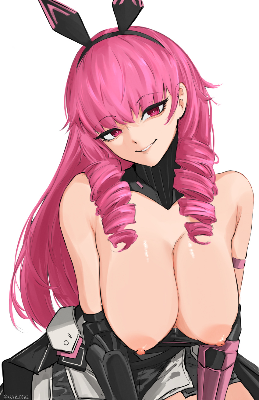 1girls ayla_(punishing:_gray_raven) bea_(artist) breasts_out bunny_ears clothed female large_breasts long_hair nipples pink_eyes pink_hair punishing:_gray_raven robot_girl smile solo white_background