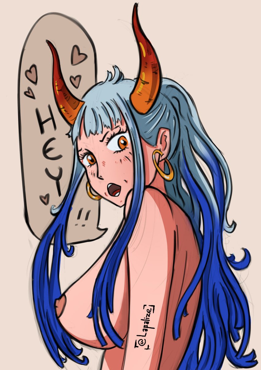 1girls 2d areolae big_breasts blue_hair breasts breasts_out brown_eyes curvy demon ear_piercing earrings english_text female female_focus female_only gold_earrings gold_hoop_earrings gold_jewelry gradient_hair hi_res highres hoop_earrings horned_humanoid horns humanoid jewelry lapalize large_breasts large_eyes light-skinned_female light_skin long_hair looking_at_viewer multicolored_hair nipples nude nude_female one_piece oni oni_horns open_mouth sideboob simple_background sketch solo solo_female speech_bubble suprised text text_bubble twitter twitter_username two_tone_hair white_background white_hair yamato_(one_piece) yokai