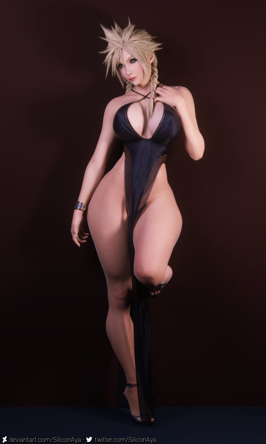 1girls 3d 3d_(artwork) ass big_ass big_breasts blonde_hair blue_eyes breasts cleavage cloud_strife cloudette_strife cloudia_strife dress female female_only final_fantasy final_fantasy_vii final_fantasy_vii_remake genderbend genderbent genderswap genderswap_(mtf) high_heels large_ass large_breasts narrow_waist nipple_bulge pose posing rule_63 siliconaya solo thick thick_ass thick_hips thick_thighs tight_clothing wide_hips