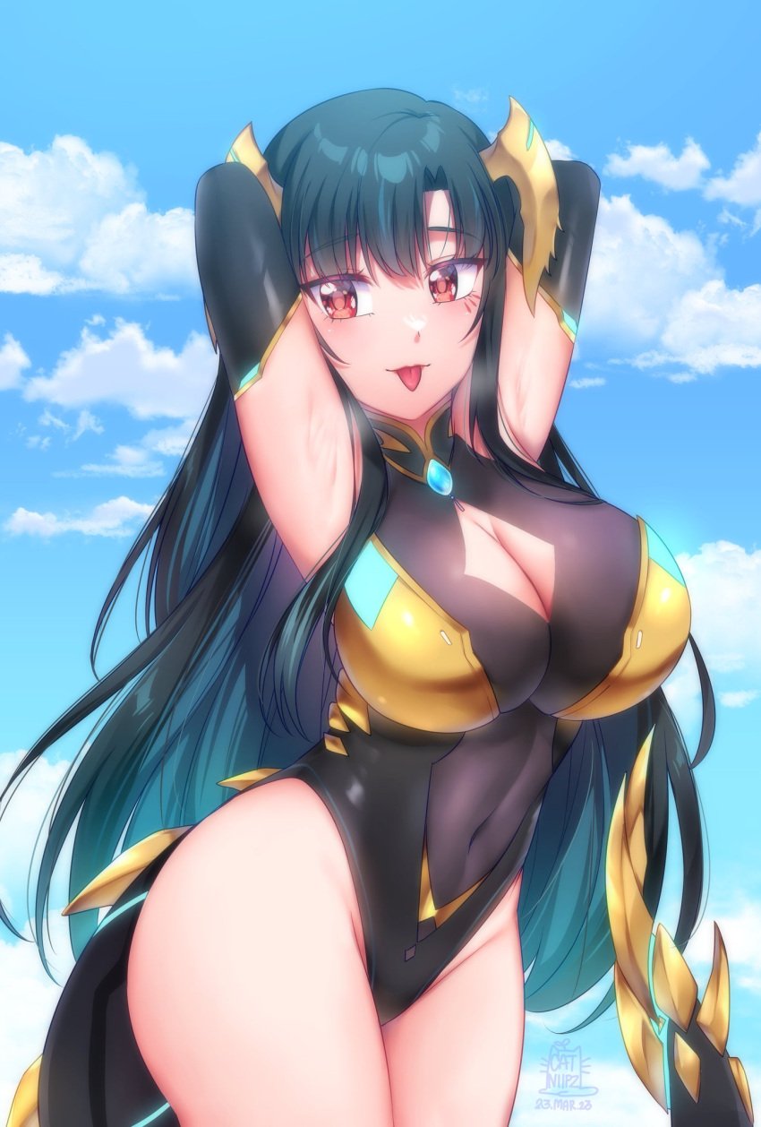 1girls catniipz cleavage_cutout clouds enormous_breasts eyebrows_visible_through_hair female female_only horns kaiju_girl light-skinned_female light_skin outside pixela_legends pixela_project red_eyes sky sole_female solo tagme tail tongue tongue_out umino_ciala virtual_youtuber