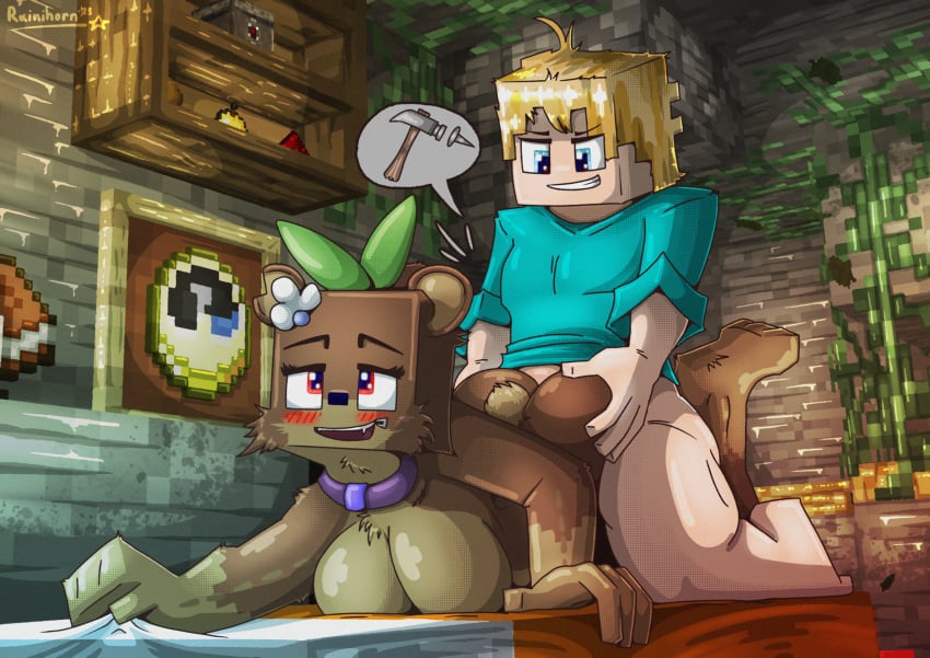 1boy 1girls anal_penetration anal_sex anthro bear_ears bear_girl bear_tail bed bedroom bia_prowell_(slipperyt) blue_eyes blush breasts brown_fur collar doggy_style drawn female furry horny_female human_male humanoid living_plushie male minecraft no_panties no_pants nude_female outside plushie plushophilia rainihorn red_eyes sex tagme teddy_bear