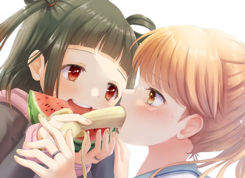 2girls absurd_res absurdres banana black_hair blush eating female female_focus female_only food fruit gourmet high_resolution highres horny horny_female human human_only jewelry kanechitomoyo kirari_hikaru long_hair long_sleeves magia_record:_mahou_shoujo_madoka_magica_gaiden mahou_shoujo_madoka_magica multiple_girls ooba_juri open_mouth orange_eyes orange_hair pervert ponytail puella_magi_madoka_magica red_eyes ring school_uniform smile watermelon yuri