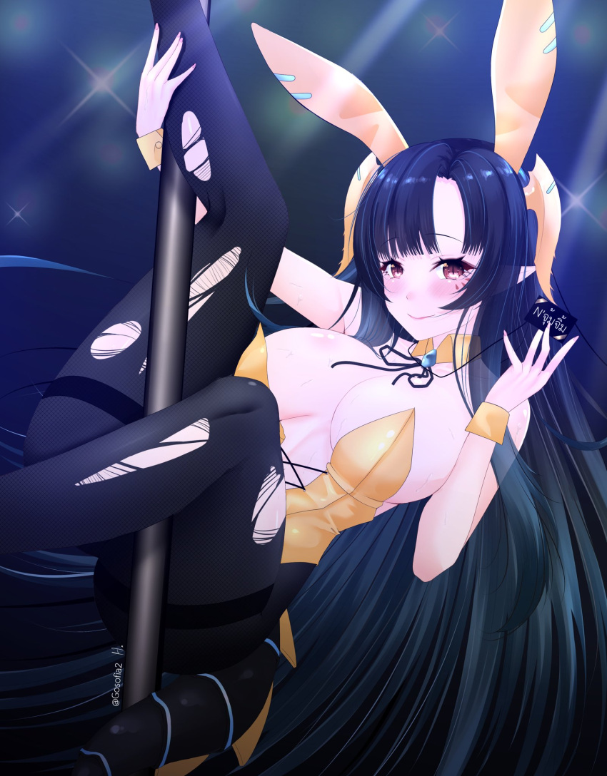 1girls blush bunnysuit card fake_animal_ears fake_rabbit_ears female female_only gosofia horns huge_breasts kaiju_girl light-skinned_female light_skin looking_at_viewer pantyhose pink_nails pixela_legends pixela_project pole_dancing red_eyes solo tail torn_pantyhose umino_ciala virtual_youtuber