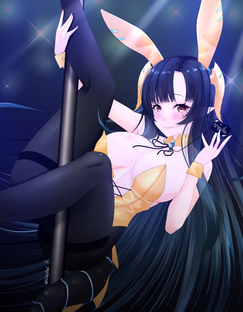 1girls blush bunnysuit card fake_animal_ears fake_rabbit_ears female female_only gosofia horns huge_breasts kaiju_girl light-skinned_female light_skin looking_at_viewer pantyhose pink_nails pixela_legends pixela_project pole_dancing red_eyes solo tail umino_ciala virtual_youtuber