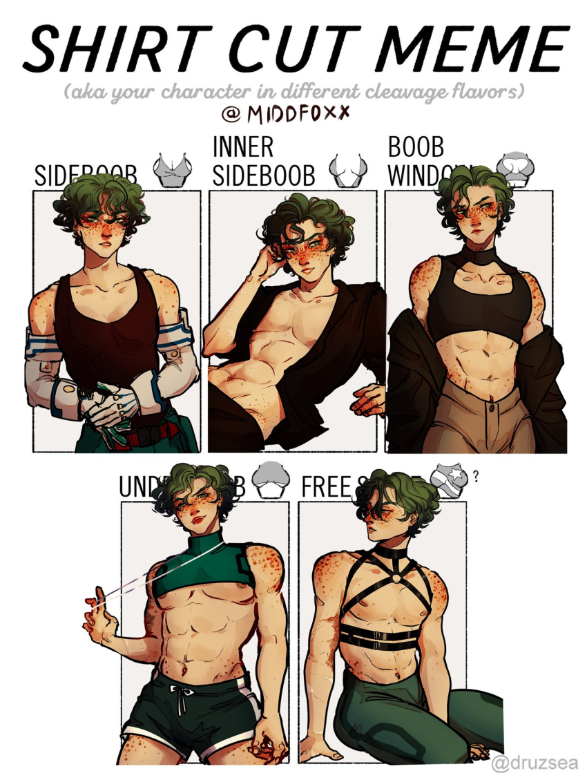 1boy abs adonis_belt athletic athletic_male bare_midriff binder booty_shorts bulge collage crop_top crossdressing crossdressing_male curly_hair elbow_gloves exposed_midriff femboy freckles freckles_all_over freckles_on_face freckles_on_shoulders gloves green_eyes green_hair harness hips izuku_midoriya jacket leggings male male_focus male_only middfoxx midriff muscular muscular_male my_hero_academia narrow_waist pecs pectorals shirt_cut_meme sleeveless sleeveless_shirt solo solo_focus solo_male straight_hair sweatpants tanktop twink undressing