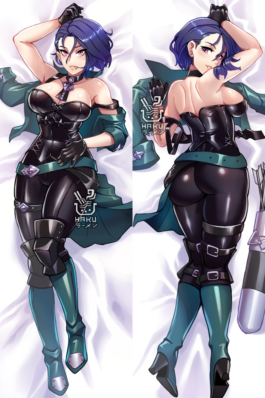 1girls aqua_footwear aqua_jacket arm_up ass back back_view bare_back bare_shoulders bed_sheet big_ass black_choker black_gloves black_pants blue_hair boots breasts camisole choker commentary_request dakimakura dakimakura_design female female_only fire_emblem fire_emblem:_three_houses gloves hair_between_eyes hakuramen high_heel_boots high_heels highres jacket large_breasts leggings looking_at_viewer lying nintendo off_shoulder on_back open_clothes open_jacket pants parted_lips purple_eyes shamir_nevrand short_hair solo strap_slip