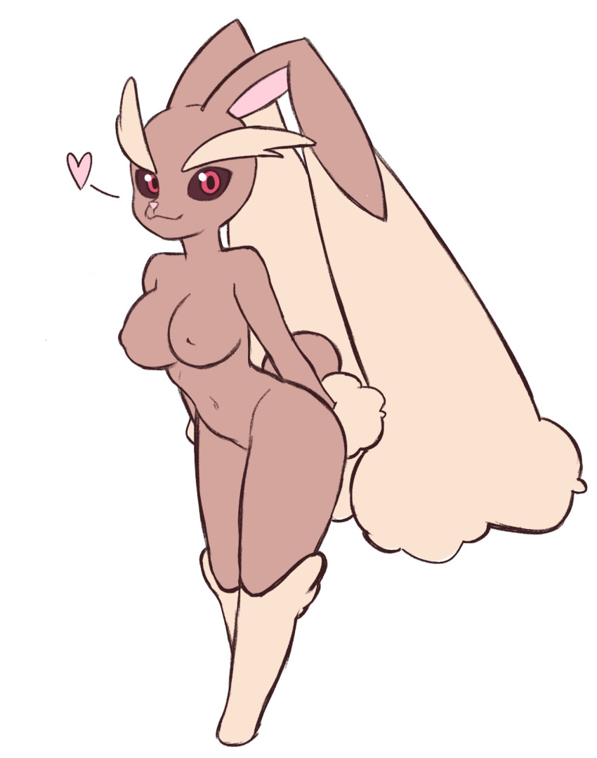 2023 alternate_version_available anthro brownish_hare bunny_ears bunny_girl bunny_tail furry game_freak hands_behind_back heart leaning_forward looking_at_viewer lopunny medium_breasts pokemon pokemon_(species) red_eyes white_background