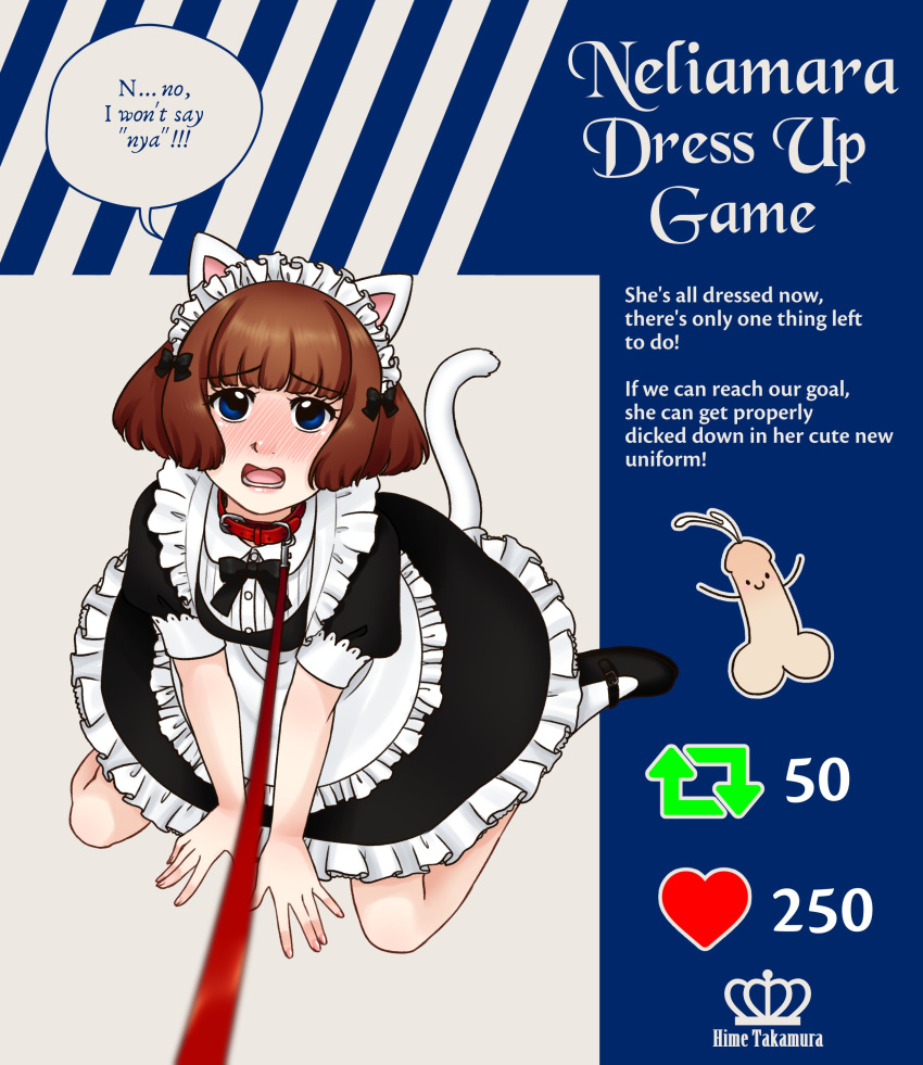 absurdres animal_ears apron artist_name blue_eyes blurry blush brown_hair cat_ears cat_tail collar commentary cum dress ejaculation english_commentary english_text fake_animal_ears fake_tail female frilled_apron frilled_dress frills full_body highres hime_takamura kneeling leash like_and_retweet maid maid_apron maid_headdress neliamara_jireaux open_mouth original penis puffy_short_sleeves puffy_sleeves red_collar short_hair short_sleeves socks solo tail waist_apron watermark white_socks