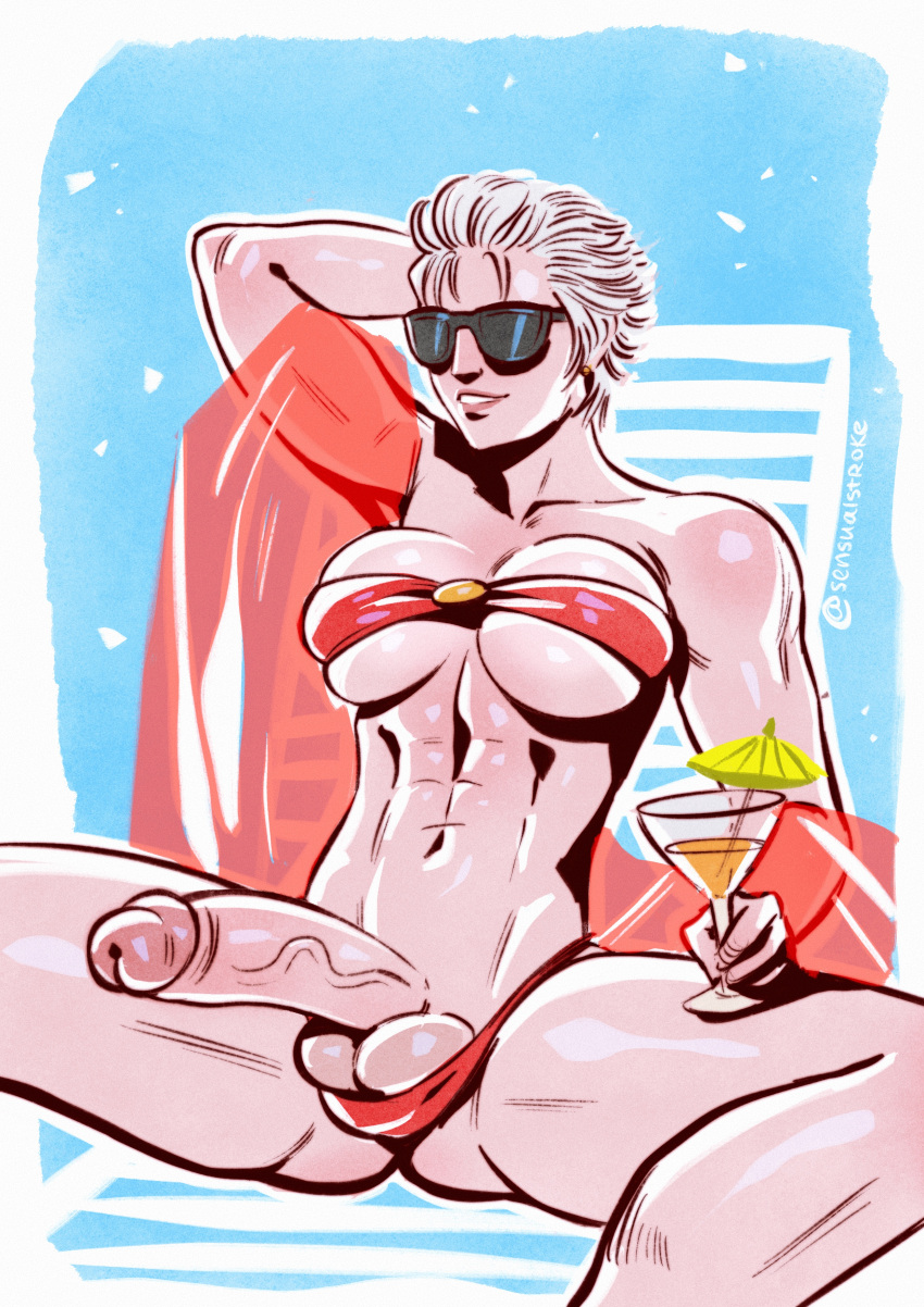 1futa balls balls_in_panties beach_chair big_breasts big_penis bikini breasts clothed clothing colored erection futa_only futanari human light-skinned_futanari light_skin martini martini_glass mostly_nude muscular muscular_futanari penis penis_out sensualstroke short_hair sitting solo source_request sunglasses white_hair