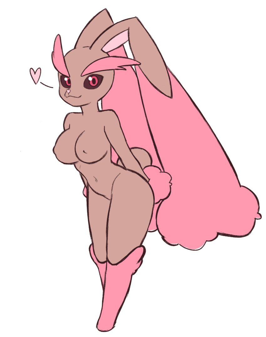 2023 alternate_version_available anthro brownish_hare bunny_ears bunny_girl bunny_tail furry game_freak hands_behind_back heart looking_at_viewer lopunny medium_breasts pokemon pokemon_(species) red_eyes shiny_lopunny white_background