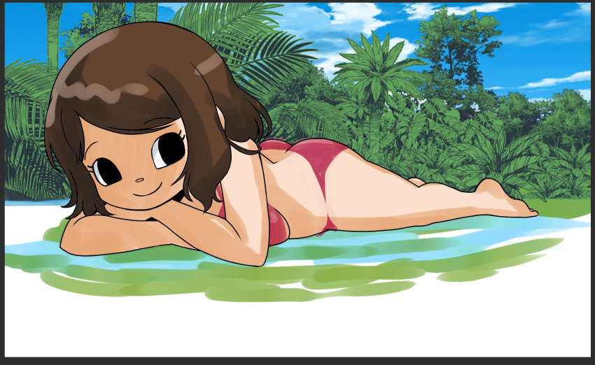 1girls animal_crossing ass ass_cleavage big_ass big_breasts bikini black_eyes breast_press brown_hair busty butt_crack cute female female_only large_breasts laying_down laying_on_stomach legs looking_at_viewer lying lying_down medium_hair muramasa_mikado murana_(muramasa_mikado) on_stomach only_player pink_bikini smile solo source_request sunbathing tagme the_pose thighs towel villager_(animal_crossing)