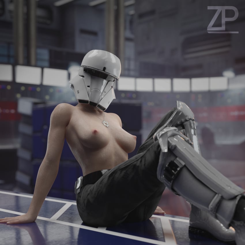 3d_(artwork) background bare_arms bare_breasts bare_shoulders female female_only female_stormtrooper gav_pilot gav_trooper helmet imperial_combat_assault_tank_pilot medium_breasts sitting_on_floor star_wars stormtrooper tank_trooper text uniform zweiprobleme