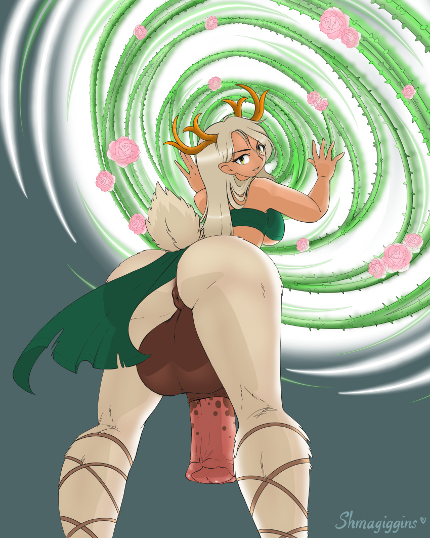 1futa absurd_res antlers back back_view balls barely_clothed big_breasts breasts clothed clothing donut donut_anus fat_ass fat_balls flaccid flared_penis futa_only futa_sans_pussy futanari green_top hairy_legs horse_penis horsecock horsecock_futanari huge_balls huge_butt huge_cock huge_testicles huge_thighs humanoid hung_futanari leaf light-skinned_futanari long_hair looking_back low-angle_view magic mostly_nude penis platinum_blonde_hair puffy_anus quickfoot satyr shmagiggins solo source_smaller standing tail