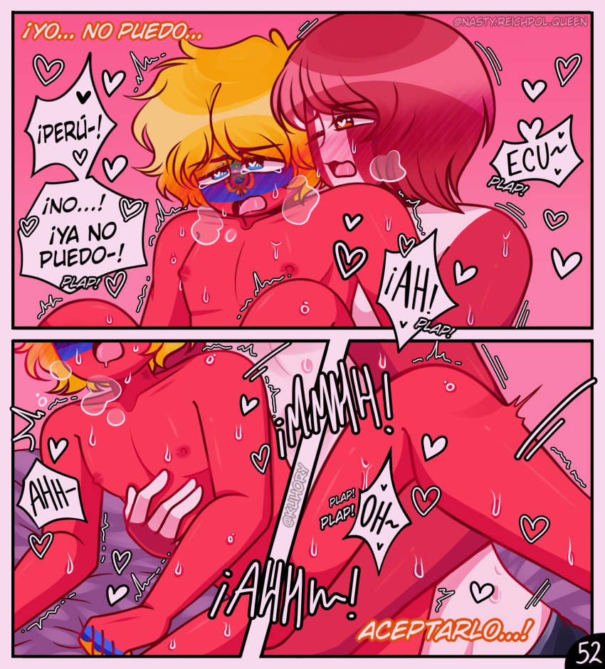 2boys comic comic_page countryhumans ecuador_(countryhumans) kuhory male male_only page_52 peru_(countryhumans) red_body red_skin spanish_text text yaoi