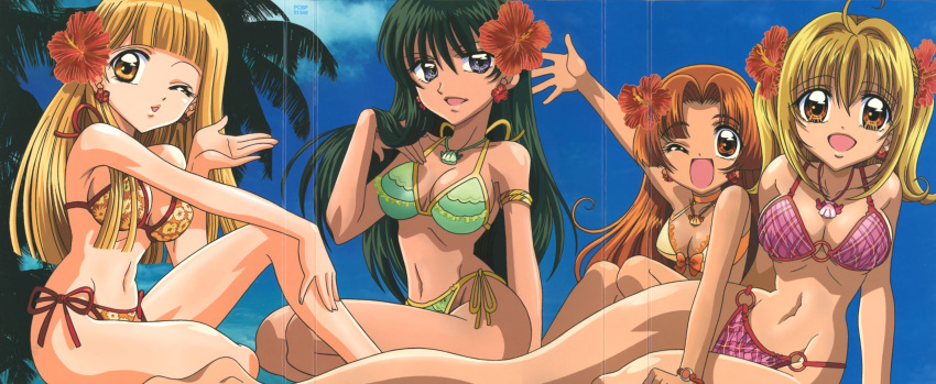 4girls arm_support big_breasts bikini blonde_hair blowing_kiss busty cleavage coco_(mermaid_melody_pichi_pichi_pitch) female female_only green_hair hi_res large_breasts legs long_hair looking_at_viewer lucia_nanami mermaid_melody_pichi_pichi_pitch multiple_girls navel official_art orange_hair rina_toin seira_(mermaid_melody_pichi_pichi_pitch) sitting smile stitched thighs touin_rina