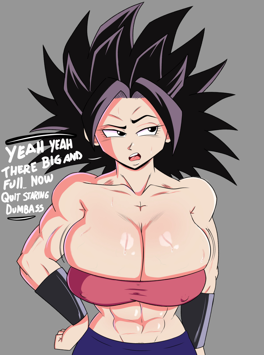 1girls abs black_hair breasts caulifla dialogue dragon_ball dragon_ball_super female_saiyan huge_breasts lewdyartz nipple_bulge pubic_hair saiyan stomach sweat tongue veiny_breasts