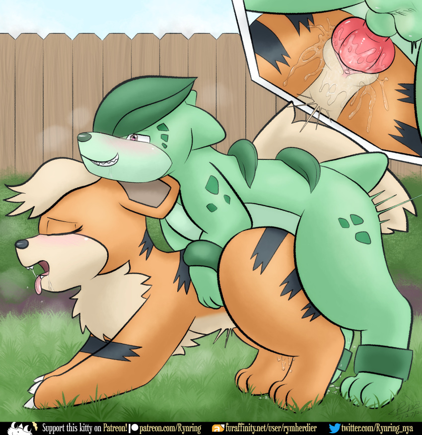 <3_eyes balls blush bodily_fluids bulbadour bulbasaur canid canine digital_media_(artwork) drooling duo elemental_creature female female_penetrated fence feral flora_fauna generation_1_pokemon generation_2_pokemon genital_fluids genitals grass growlithe heart hi_res houndour hybrid knot looking_pleasured male male/female male_penetrating male_penetrating_female mammal nintendo open_mouth outside outside_sex penetration penile penile_penetration penis penis_in_pussy plant pokemon pokemon_(species) pussy pussy_juice rymherdier saliva sex shrub smile text tongue tongue_out vaginal_penetration vaginal_penetration