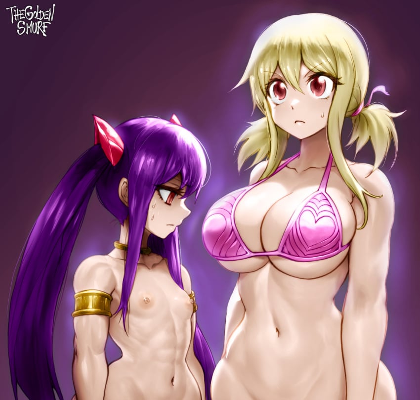 2girls 3rd_party_edit alternate_breast_size areolae bikini bikini_top blonde_hair bottomless breast_envy color edit fairy_tail female female_only hi_res highres large_breasts looking_at_breasts lucy_heartfilia multiple_girls muscular_female nipples nude nude_female oblivious purple_hair red_eyes small_breasts staring_at_breasts sweatdrop thegoldensmurf thin_waist tied_hair twintails wendy_marvell young