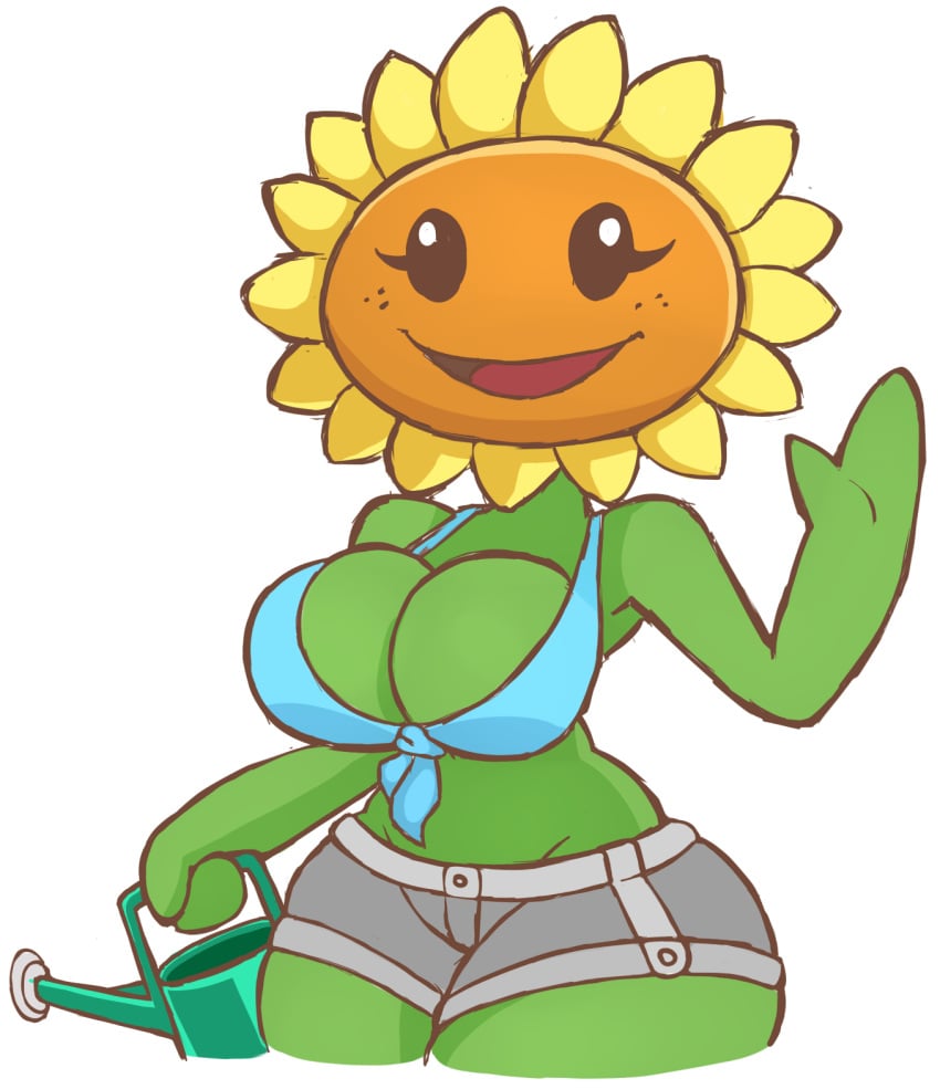 1girls 2d anthro big_breasts bikini bikini_top blue_top breasts busty cleavage dendrophilia female female_only front-tie_top green_body green_skin grey_pants grey_shorts happy happy_female humanoid no_sex non-nude open_mouth plant_girl plant_humanoid plantie plants_vs_zombies pvz short_shorts shorts simple_background smile solo sunflower sunflower_(pvz) swimsuit thick_thighs thighs urusee584 watering_can waving white_background wide_hips