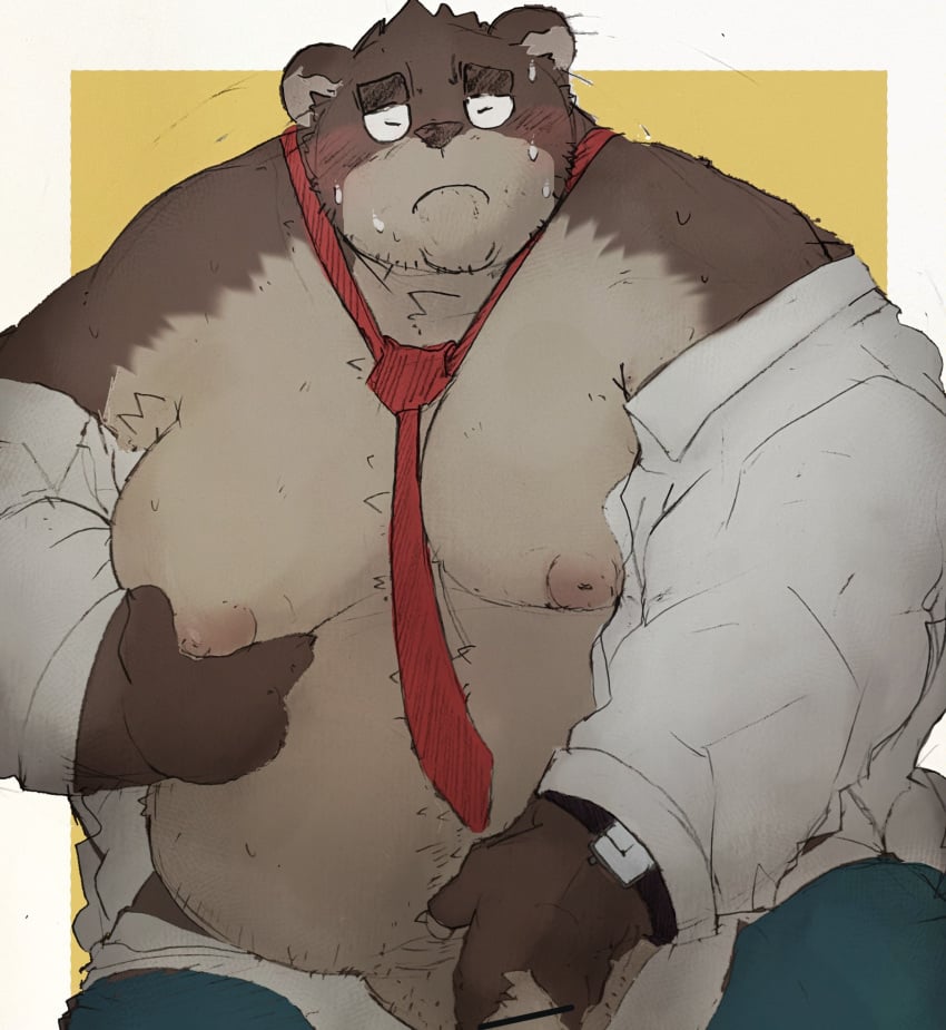 2023 anthro barely_visible_genitalia barely_visible_penis bear belly big_belly blush brown_body brown_fur censored closed_eyes clothed clothing dumdum fur genitals hi_res humanoid_hands kemono male mammal mature_male moobs necktie nipples open_clothing open_shirt open_topwear overweight overweight_male penis shirt solo topwear