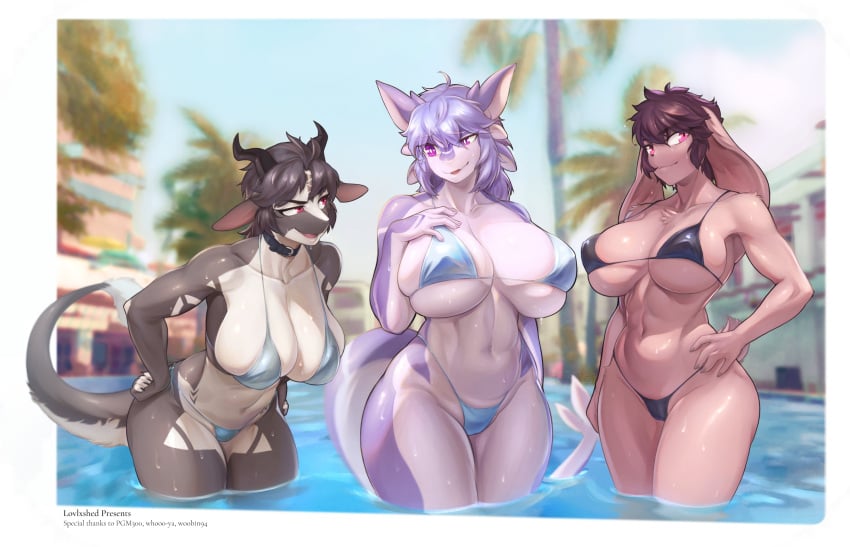 3girls absurd_res anthro aruri_(whooo-ya) big_breasts bikini bini_(woobin94) black_hair breast_squish breasts brown_hair bunny_ears chabett dragon dragon_horns dragon_humanoid dragon_tail eye_contact female female_only hand_on_hip hands_on_hips horns in_water lagomorph looking_at_another looking_at_viewer lovlxshed marine pink_eyes purple_eyes purple_hair red_eyes smile smiling_at_viewer tail thick_thighs