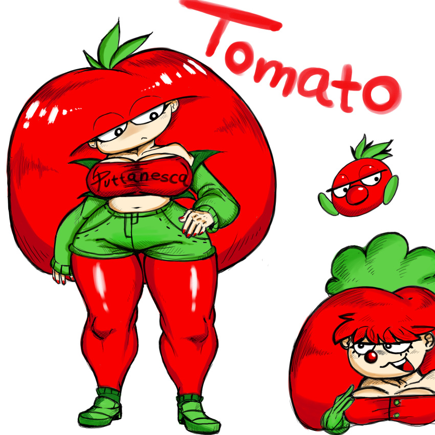 2023 clown clown_nose daisy_dukes female fruit_humanoid full_body gijinka green_shoes green_shorts hand_on_hip holding_breast humanized jacket kaircorvus living_fruit long_hair midriff multiple_images multiple_sources name_drop nipple_bulge noseless off_shoulder pizza_tower pseudo_hair red_hair red_nail_polish red_nails red_pseudo_hair red_tights red_tubetop shoes shorts solo text_on_clothing thick_thighs tights tomato tomato_toppin toppin_gals toppin_gals_minus8 tubetop white_background wide_hips