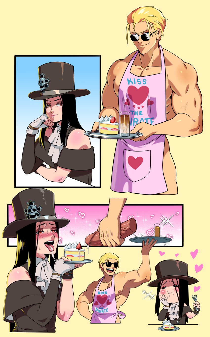 2boys apron black_hair blonde_hair cherrypicmilk femboy guilty_gear johnny_(guilty_gear) long_hair male male/male male_focus male_only muscular muscular_male sunglasses testament_(guilty_gear)