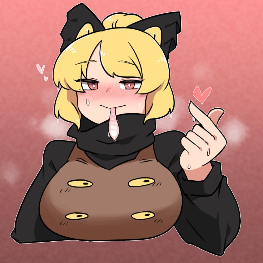 black_bow black_shirt blonde_hair blush bow breasts bright_pupils brown_dress closed_mouth commentary_request condom condom_in_mouth dress female finger_heart hair_bun hairbow heart highres large_breasts long_sleeves looking_at_viewer mouth_hold nose_blush penis pinafore_dress pink_background red_eyes rinyamame shirt short_hair smile solo touhou turtleneck upper_body used_condom white_pupils yamame_kurodani