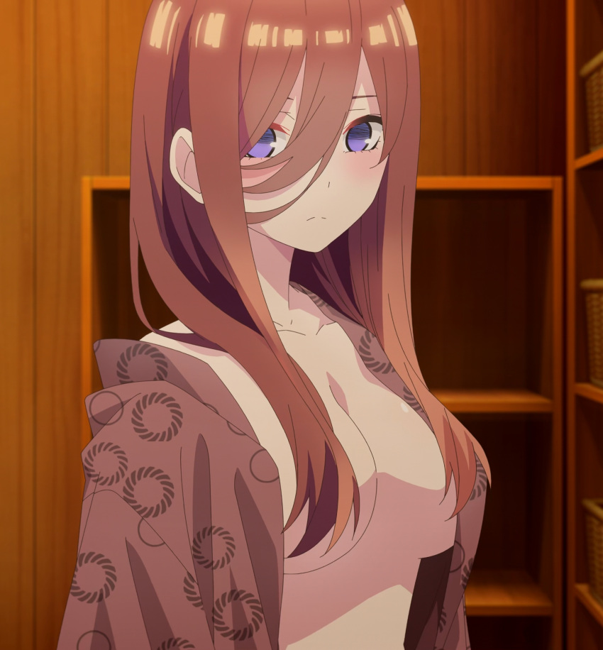 1girls anime_screencap blue_eyes breasts breasts_out cleavage covered_breasts covered_nipples female go-toubun_no_hanayome hair_censor hair_over_breasts half_dressed half_naked highres inner_sideboob japanese_clothes large_breasts long_hair looking_at_viewer nakano_miku nude_filter open_clothes open_yukata ryokan screencap shelf stitched third-party_edit upper_body wooden_wall yukata