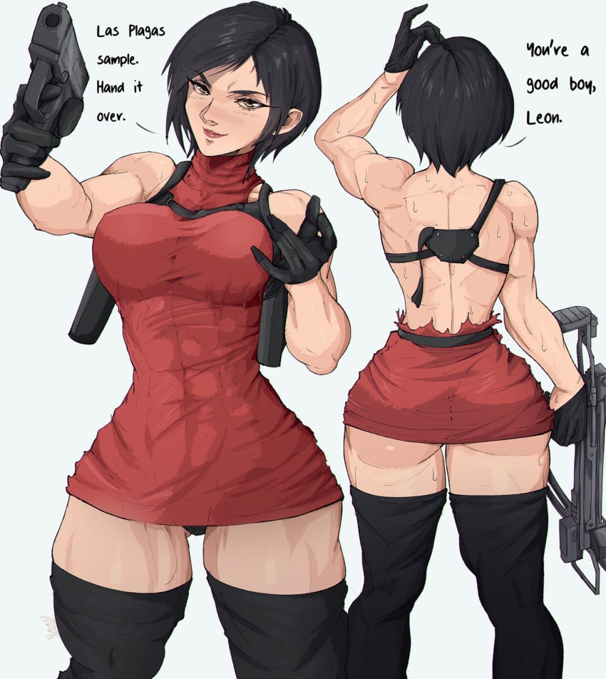 ada_wong ada_wong_(adriana) alternate_muscle_size back black_hair crossbow dress english_text female gloves gun handgun highres looking_at_viewer muscular muscular_female red_dress resident_evil resident_evil_4 short_hair solo thick_thighs thighhighs thighs torn_clothes torn_dress weapon white_background yoracrab