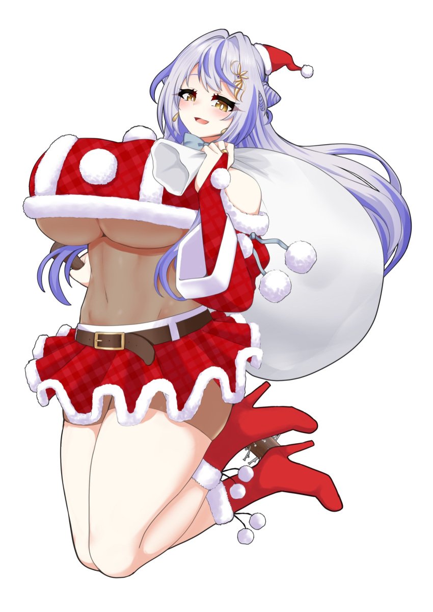 1girls 774_inc. blue_hair christmas female female_only grey_hair happy heels hiyoku_no_crosspiece huge_breasts light-skinned_female light_skin nanashi_inc. nobeji_ta simple_background solo translucent_clothing two_tone_hair underboob virtual_youtuber white_background yellow_eyes yuri_kohakuu