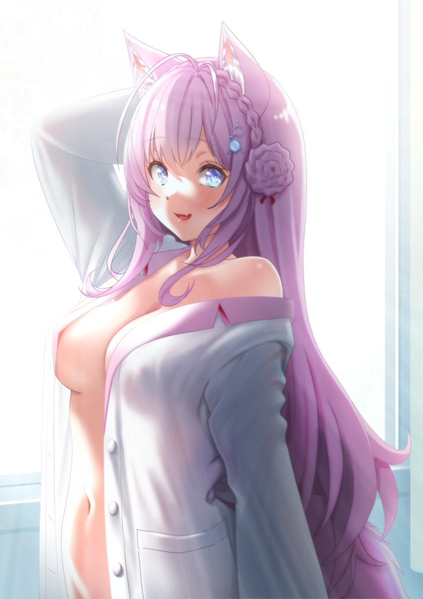 1girls 2023 animal_ear_fluff animal_ears areola belly big_breasts blush breasts coat female female_only hakui_koyori hololive hololive_japan holox labcoat light-skinned_female light_skin long_hair long_sleeves naked_coat naked_labcoat navel nipples no_bra pink_hair purple_eyes sideboob simple_background standing virtual_youtuber white_lab_coat zabudog777