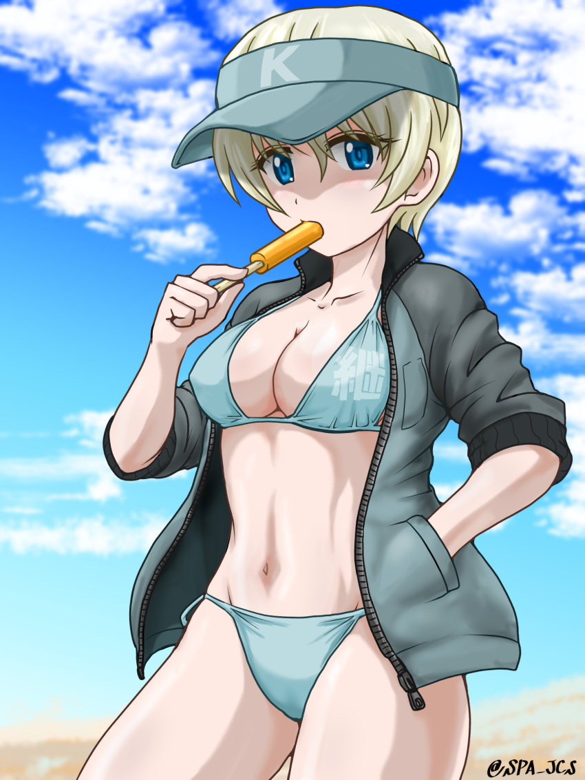 adapted_costume bikini blonde_hair blue_bikini blue_eyes blue_headwear breasts cleavage collarbone commentary emblem female food food_in_mouth girls_und_panzer hand_in_pocket highres holding holding_food ice_cream jacket keizoku_(emblem) large_breasts looking_at_viewer navel nspa_(spa-jcs) open_clothes open_jacket short_hair solo swimsuit track_jacket twitter_username visor_cap youko_(girls_und_panzer) zipper