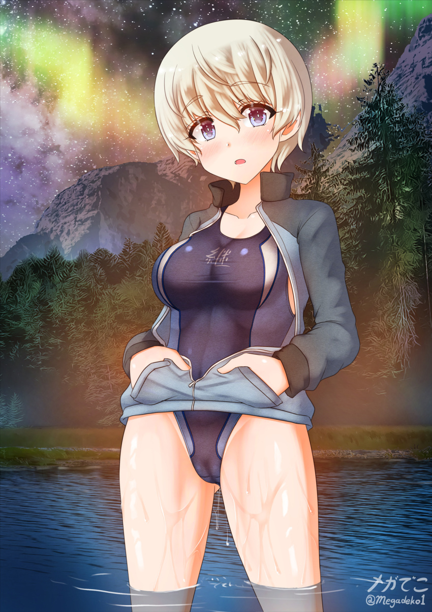 aquaegg aurora_borealis blonde_hair blue_eyes blue_one-piece_swimsuit blush breasts cameltoe cleft_of_venus collarbone female female_focus girls_und_panzer gluteal_fold hands_in_pockets highres jacket keizoku_military_uniform large_breasts looking_at_viewer northern_lights one-piece_swimsuit open_clothes open_jacket open_mouth outdoors shiny_clothes shiny_skin short_hair sky solo standing star_(sky) swimsuit track_jacket uniform wading youko_(girls_und_panzer)