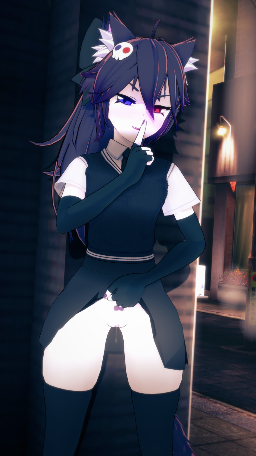 1girls cat_ears cat_tail catgirl clothed_female commission female horny_female humanoid looking_at_viewer multicolored_eyes no_panties outside public purple_fur purple_hair smile solo solo_female stockings tagme totless_(vtuber) tsuki_kimura video_games virtual_youtuber vrchat vrchat_avatar vtuber wet_pussy